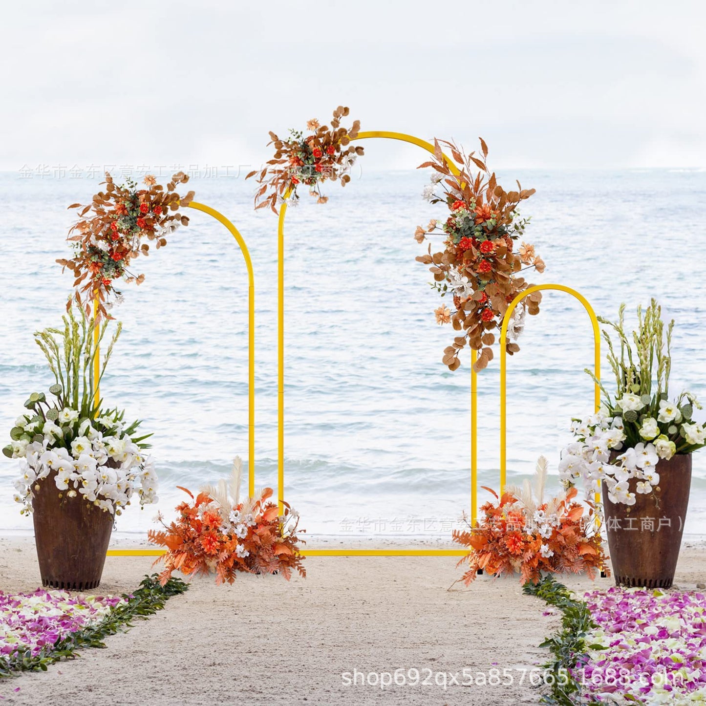 Camino de flores artificiales, guirnalda de flores rústicas, arreglos florales, ceremonia de boda, telón de fondo, arco, flores, centros de mesa, decoraciones
