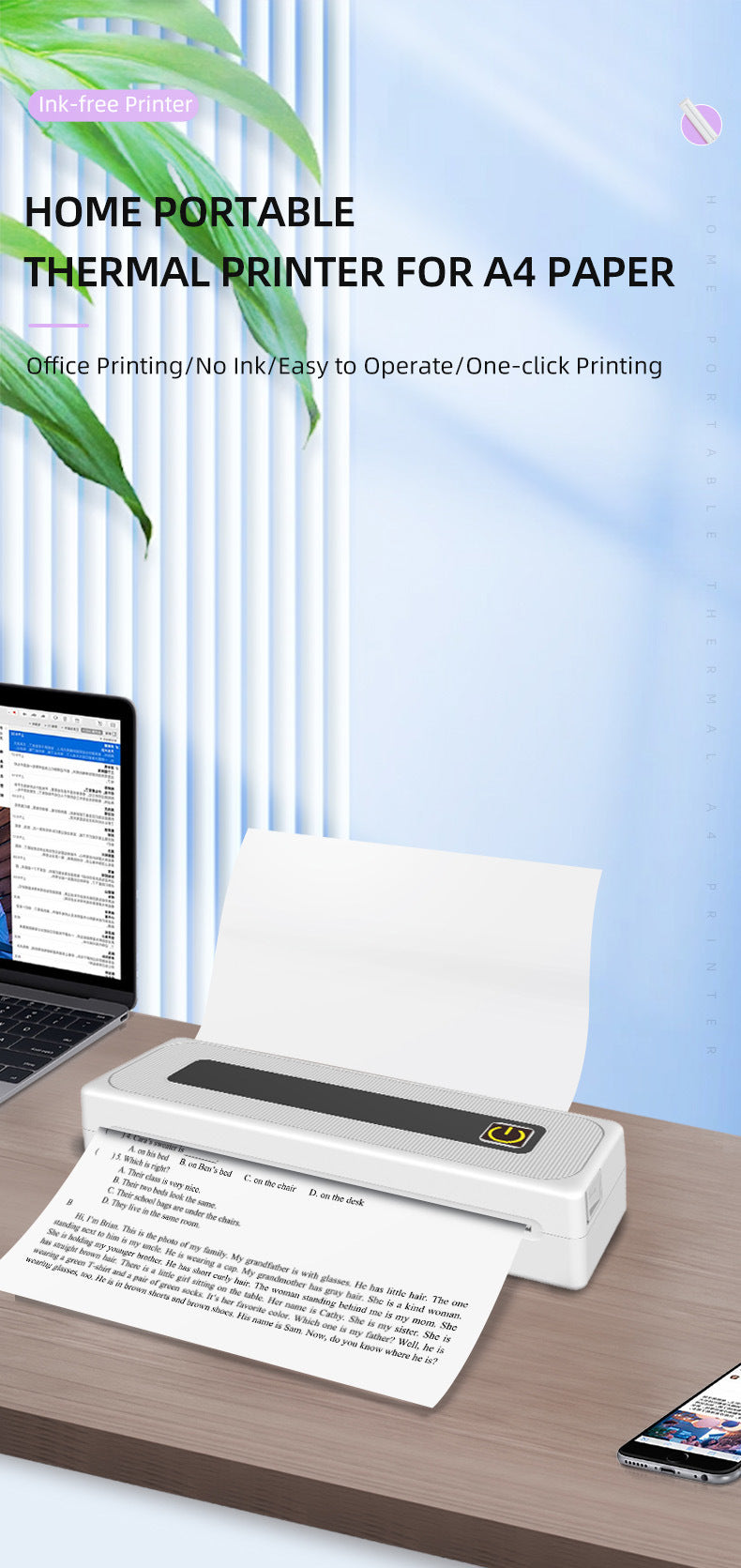 Impresora Portátil Inalámbrica para Viajes, Impresora Térmica Bluetooth Compatible con Papel Térmico de 210 Mm, 112 Mm, 80 Mm, 57 Mm, Impresora sin Tinta para IOS, Android