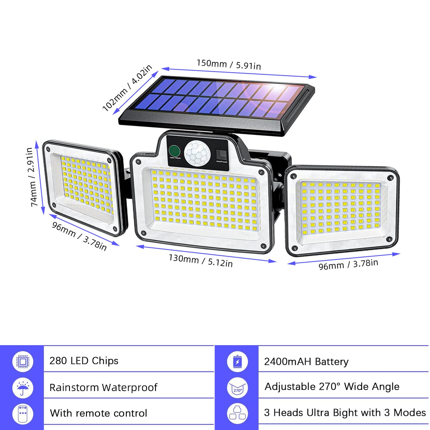 Lámpara De Pared Solar Con Sensor De Movimiento, 3 Modos, 3 Cabezales IP65, Luz De Pared LED Impermeable Para Exteriores Con Control Remoto