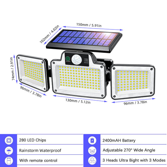 Lámpara De Pared Solar Con Sensor De Movimiento, 3 Modos, 3 Cabezales IP65, Luz De Pared LED Impermeable Para Exteriores Con Control Remoto