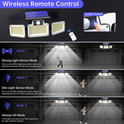 Lámpara De Pared Solar Con Sensor De Movimiento, 3 Modos, 3 Cabezales IP65, Luz De Pared LED Impermeable Para Exteriores Con Control Remoto