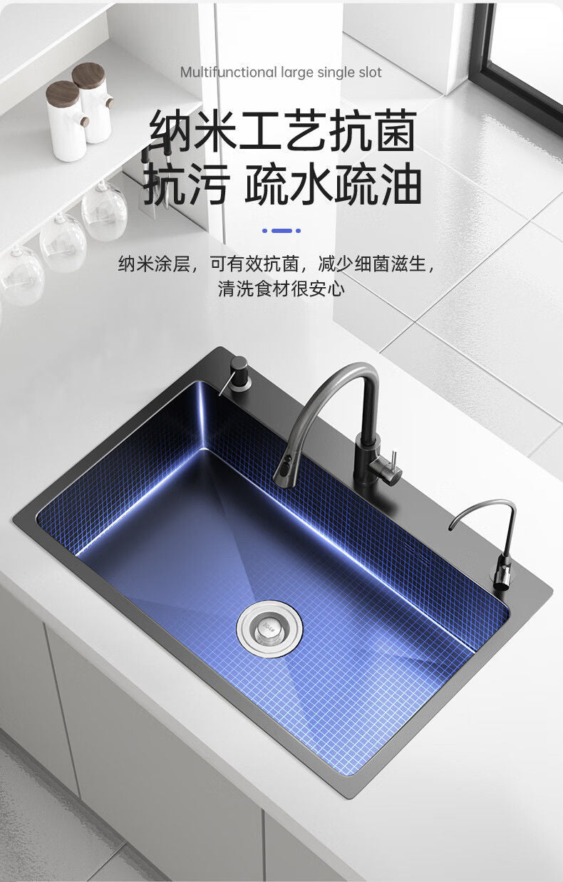 Fregadero de cocina para el hogar, fregadero de acero inoxidable, lavabo grande de una sola ranura, nano lavabo negro, fregadero doméstico debajo del mostrador