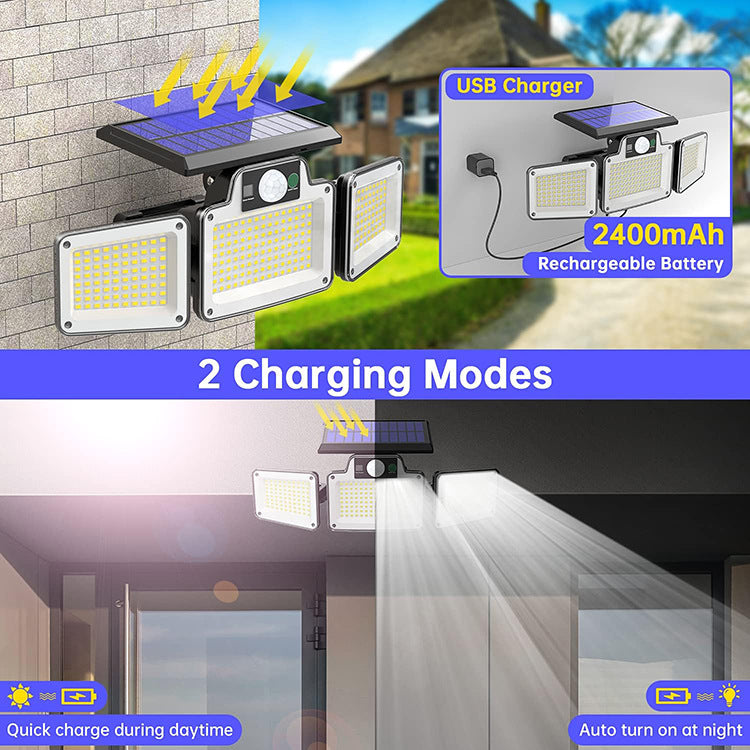 Lámpara De Pared Solar Con Sensor De Movimiento, 3 Modos, 3 Cabezales IP65, Luz De Pared LED Impermeable Para Exteriores Con Control Remoto