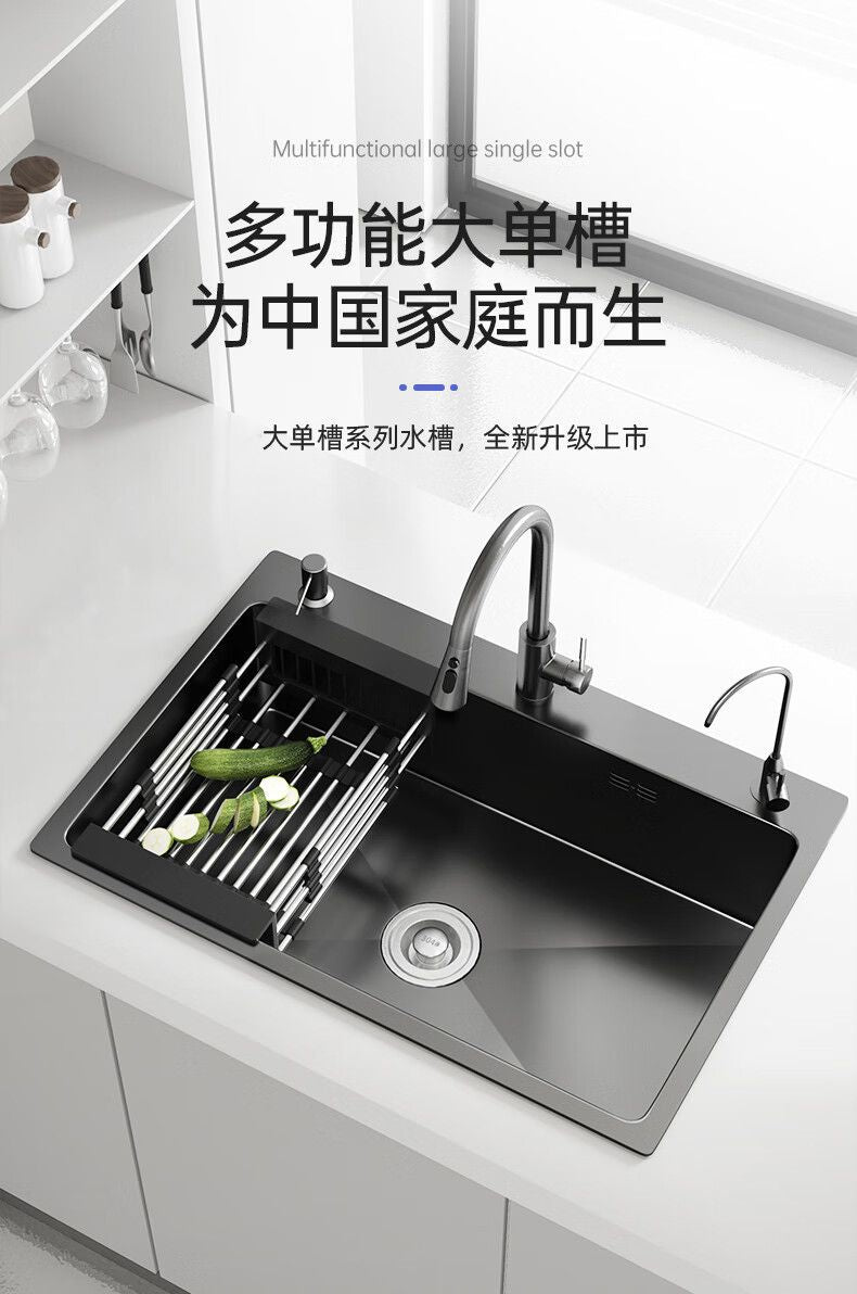 Fregadero de cocina para el hogar, fregadero de acero inoxidable, lavabo grande de una sola ranura, nano lavabo negro, fregadero doméstico debajo del mostrador