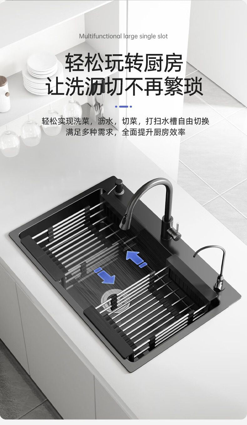Fregadero de cocina para el hogar, fregadero de acero inoxidable, lavabo grande de una sola ranura, nano lavabo negro, fregadero doméstico debajo del mostrador