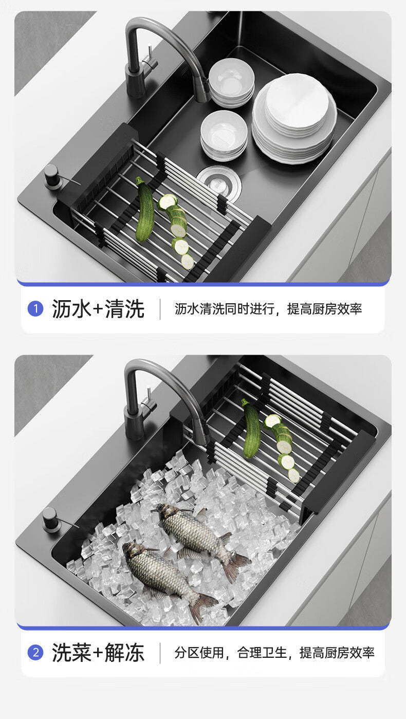 Fregadero de cocina para el hogar, fregadero de acero inoxidable, lavabo grande de una sola ranura, nano lavabo negro, fregadero doméstico debajo del mostrador