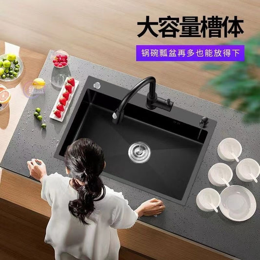 Fregadero de cocina para el hogar, fregadero de acero inoxidable, lavabo grande de una sola ranura, nano lavabo negro, fregadero doméstico debajo del mostrador