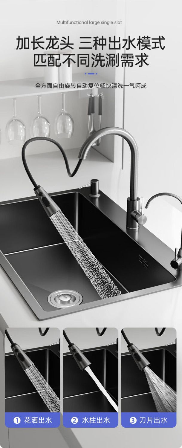 Fregadero de cocina para el hogar, fregadero de acero inoxidable, lavabo grande de una sola ranura, nano lavabo negro, fregadero doméstico debajo del mostrador