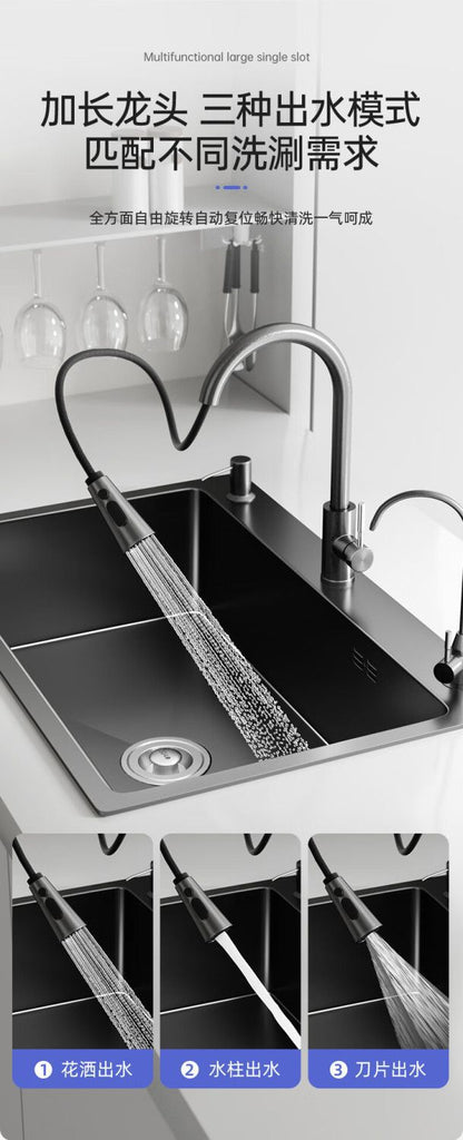 Fregadero de cocina para el hogar, fregadero de acero inoxidable, lavabo grande de una sola ranura, nano lavabo negro, fregadero doméstico debajo del mostrador