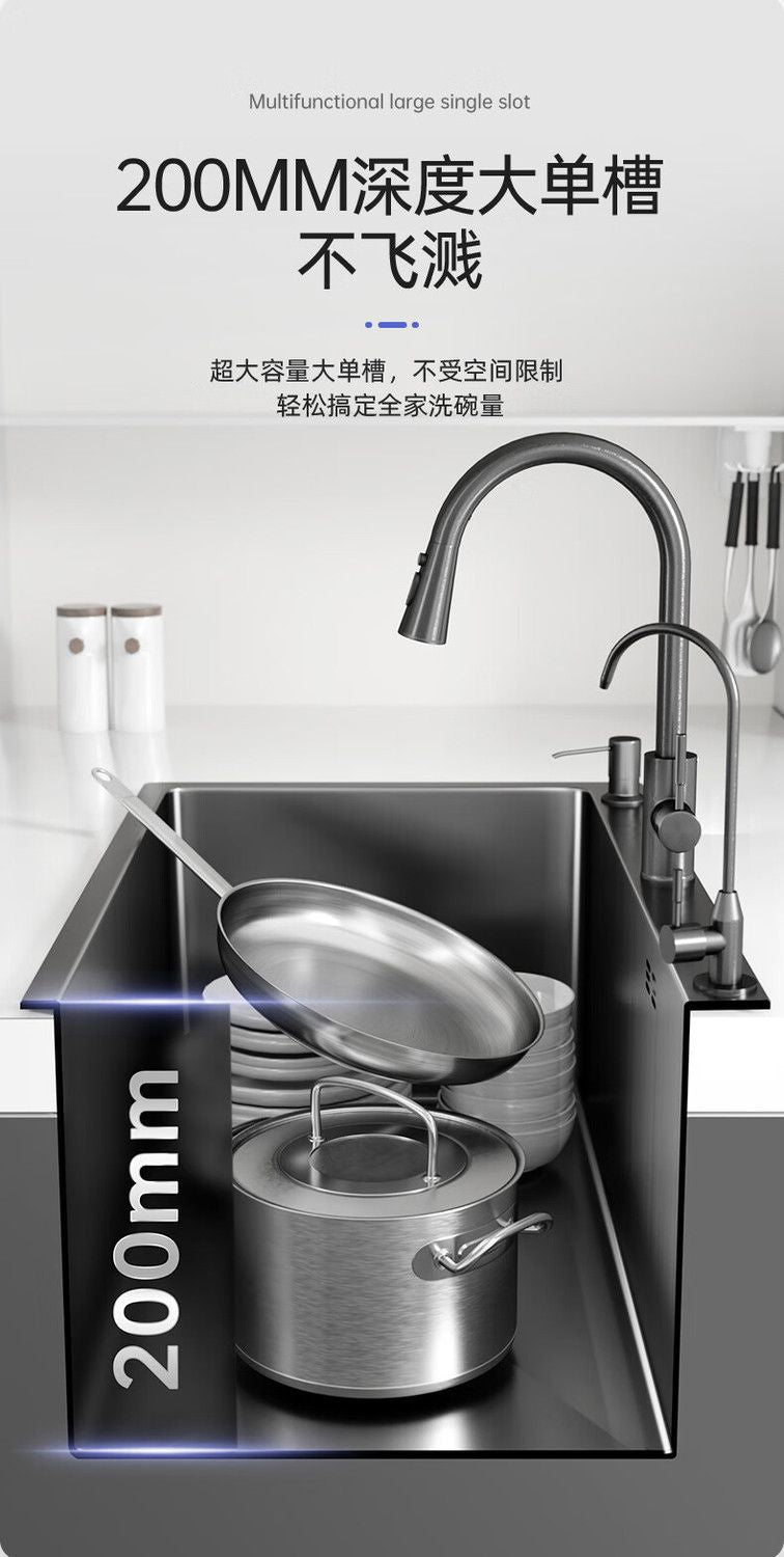 Fregadero de cocina para el hogar, fregadero de acero inoxidable, lavabo grande de una sola ranura, nano lavabo negro, fregadero doméstico debajo del mostrador