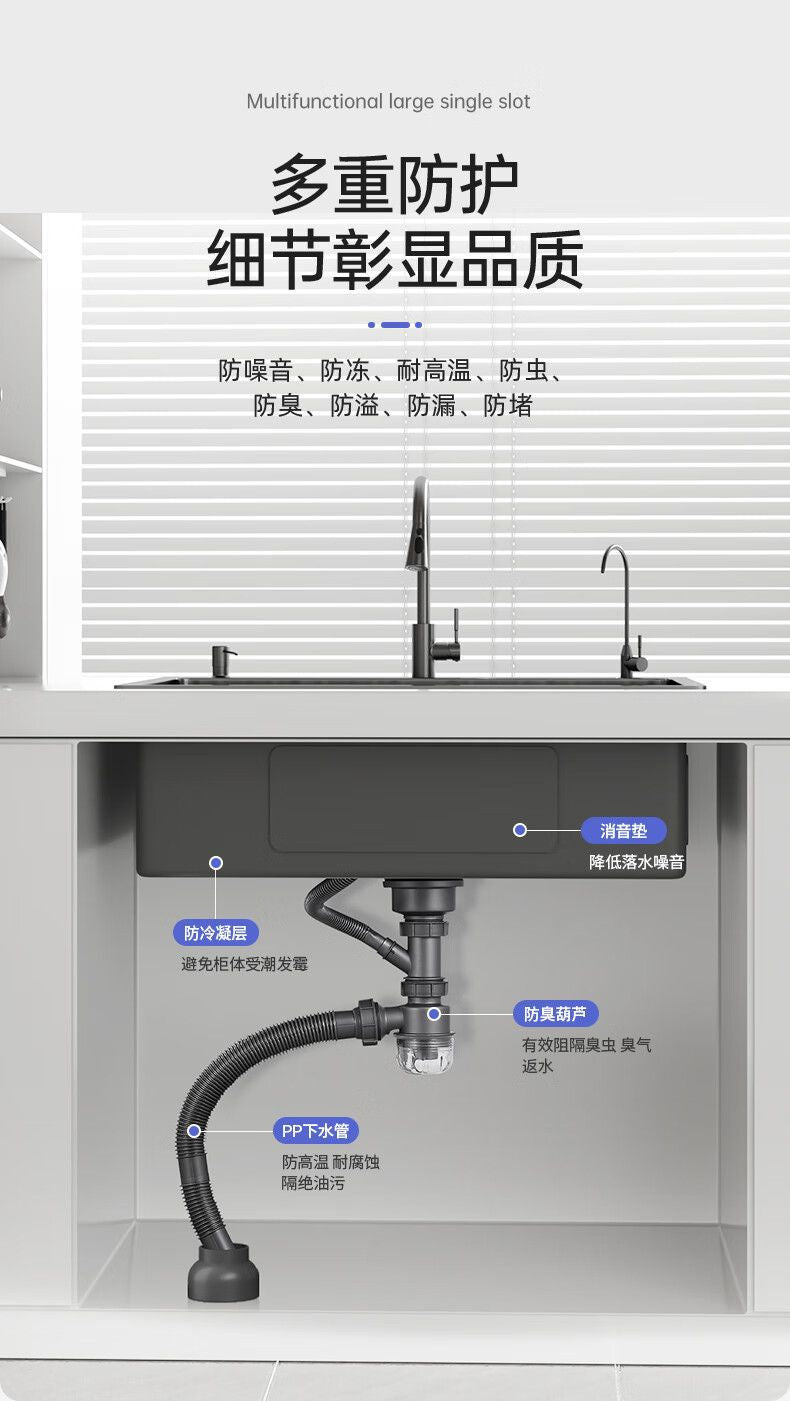 Fregadero de cocina para el hogar, fregadero de acero inoxidable, lavabo grande de una sola ranura, nano lavabo negro, fregadero doméstico debajo del mostrador