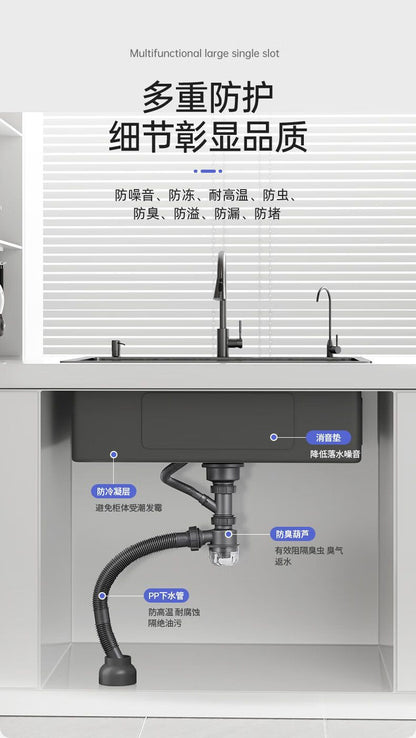 Fregadero de cocina para el hogar, fregadero de acero inoxidable, lavabo grande de una sola ranura, nano lavabo negro, fregadero doméstico debajo del mostrador