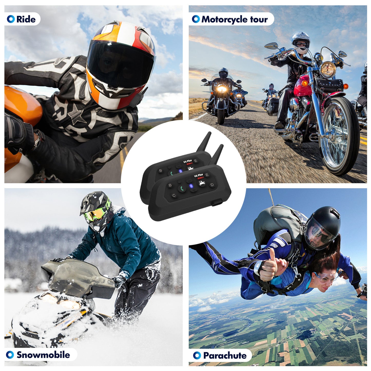 V6 Pro Intercomunicador Bluetooth Motocicletas, Intercomunicador de Casco,1200m Comunicación Intercom/Impermeabilidad/MTB/6 Motociclistas