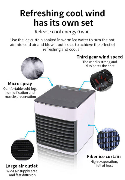 Aire Acondicionado 3 en 1: Ventilador Purificador Humidificador, Conexión USB, 7 Colores, 3 Velocidades. Mini Aire Acondicionado Portátil de Enfriamiento.