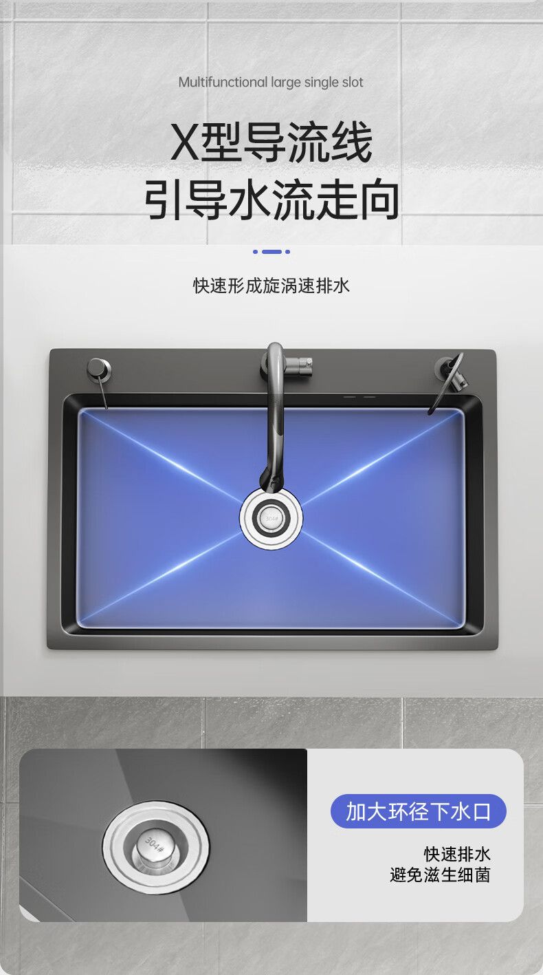 Fregadero de cocina para el hogar, fregadero de acero inoxidable, lavabo grande de una sola ranura, nano lavabo negro, fregadero doméstico debajo del mostrador