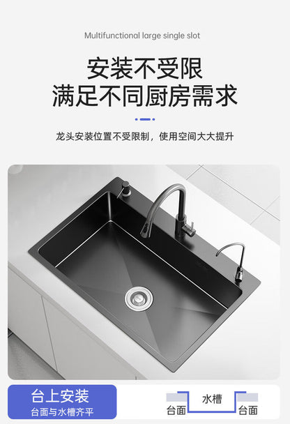 Fregadero de cocina para el hogar, fregadero de acero inoxidable, lavabo grande de una sola ranura, nano lavabo negro, fregadero doméstico debajo del mostrador